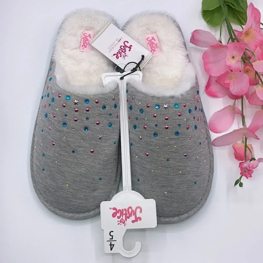 Justice Girls Graphic Slip On Sparkling Scuff Slippers Shoes Size 4/5